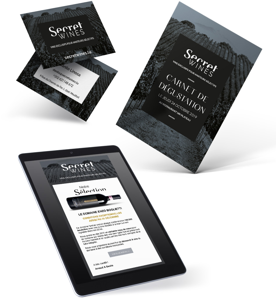 Cartes de visite, carton d'invitation et newsletter.